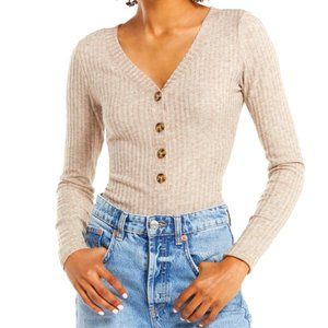 Z Supply Oatmeal Tan Hannah Rib Knit Bodysuit Tortoiseshell Buttons Snap Close